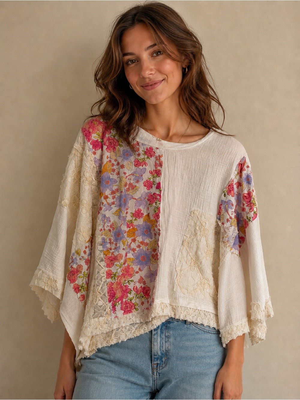 POL Cream Floral Patchwork Tunic Top